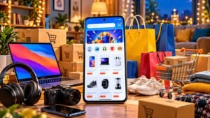 Festive online shopping illustration with a smartphone, electronics and shopping packages