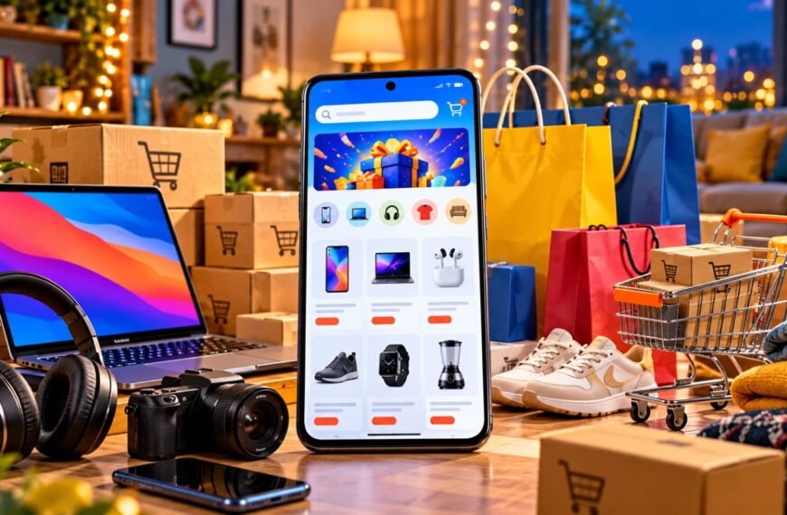 Festive online shopping illustration with a smartphone, electronics and shopping packages