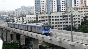 Chennai Metro train on an elevated railway viaduct