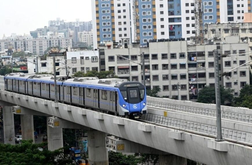 Chennai Metro train on an elevated railway viaduct