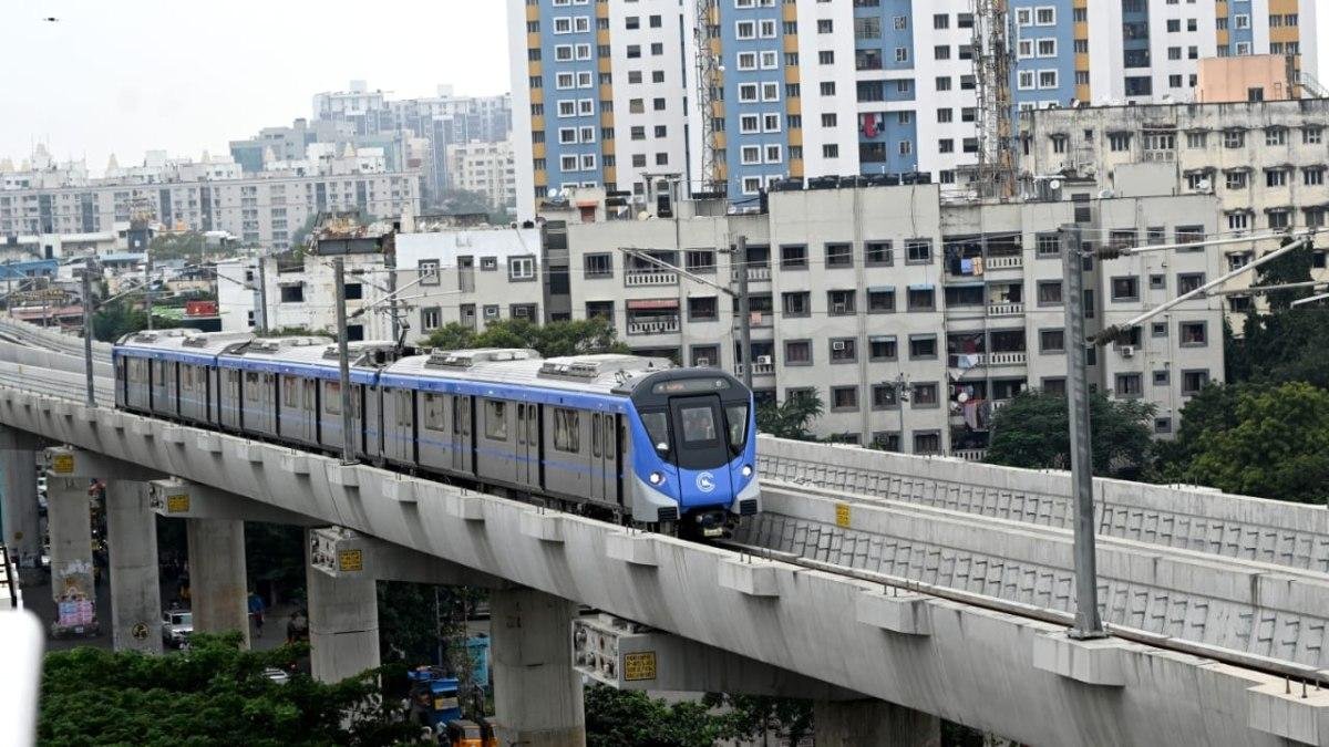Chennai Metro train on an elevated railway viaduct